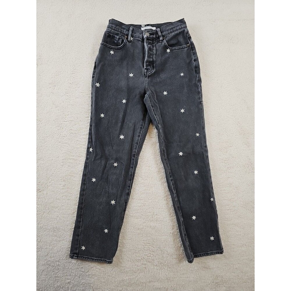 Pacsun Jean Womens Size 23 Black High Rise Straight Daisy Embroidered Button Fly